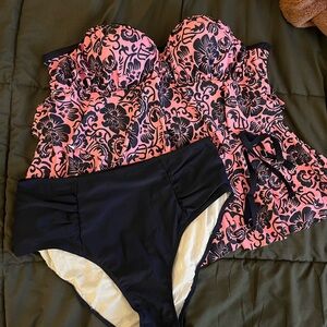 pink & navy floral tankini